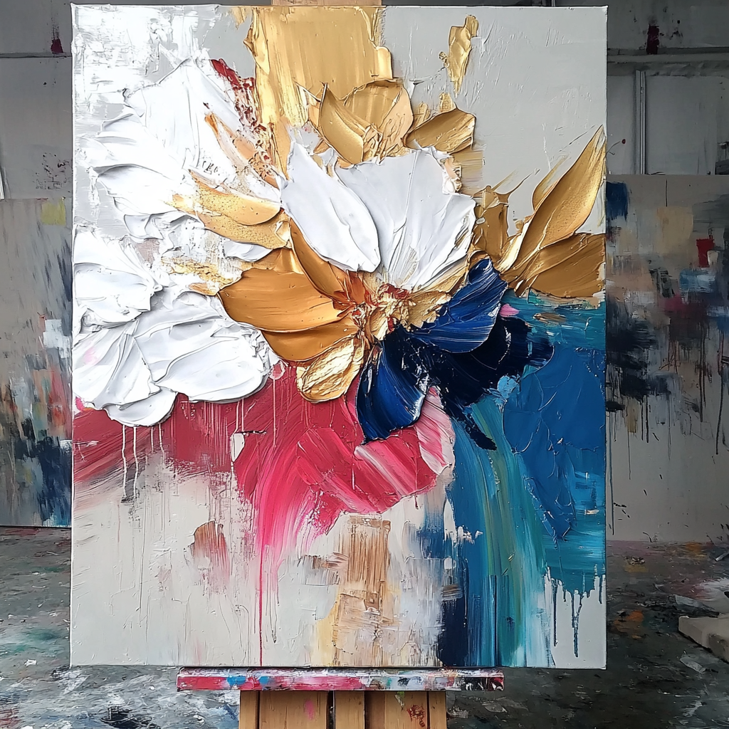 Golden Radiance-Abstract Flower Painting with Gold & Multi - Color Impasto Texture, Modern Wall Art Decor for Home