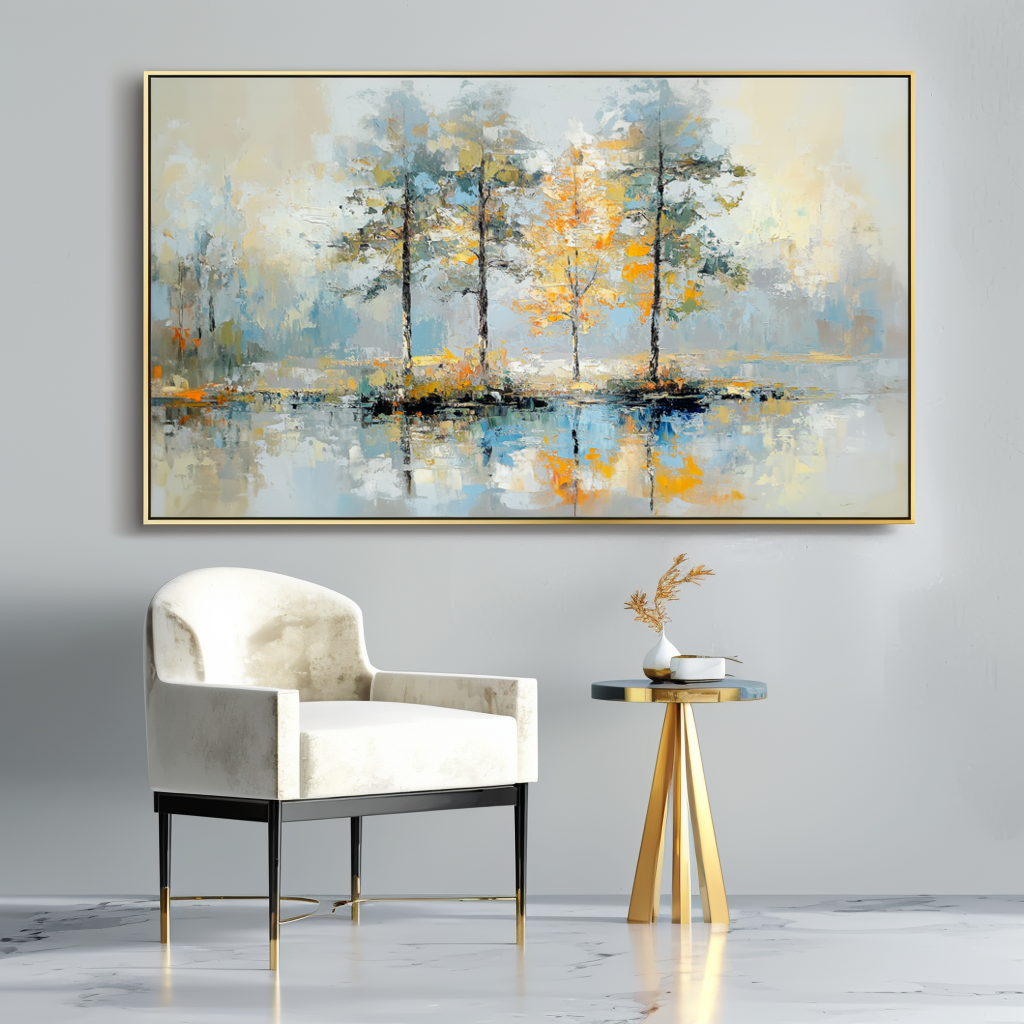 Golden Reflection-Impasto Tree Reflection Oil Painting, Horizontal Framed Wall Art with Neutral Tones & Autumn Hues, Serene Forest Landscape for Living Room & Bedroom Decor