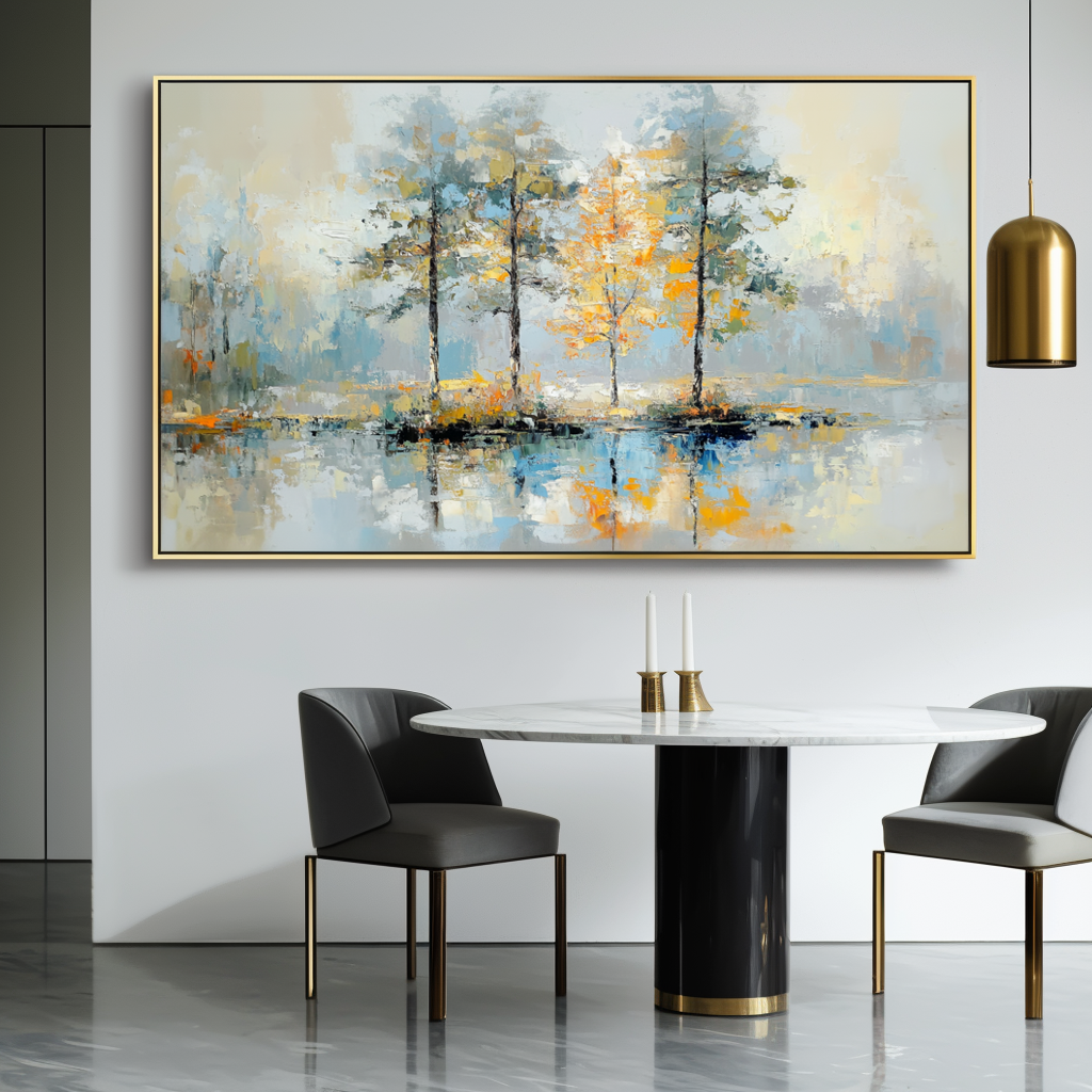 Golden Reflection-Impasto Tree Reflection Oil Painting, Horizontal Framed Wall Art with Neutral Tones & Autumn Hues, Serene Forest Landscape for Living Room & Bedroom Decor