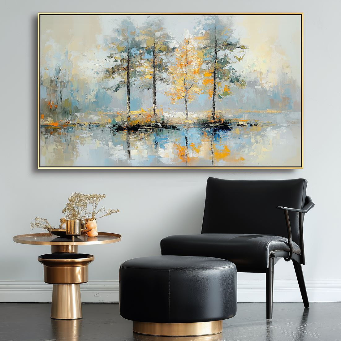 Golden Reflection-Impasto Tree Reflection Oil Painting, Horizontal Framed Wall Art with Neutral Tones & Autumn Hues, Serene Forest Landscape for Living Room & Bedroom Decor