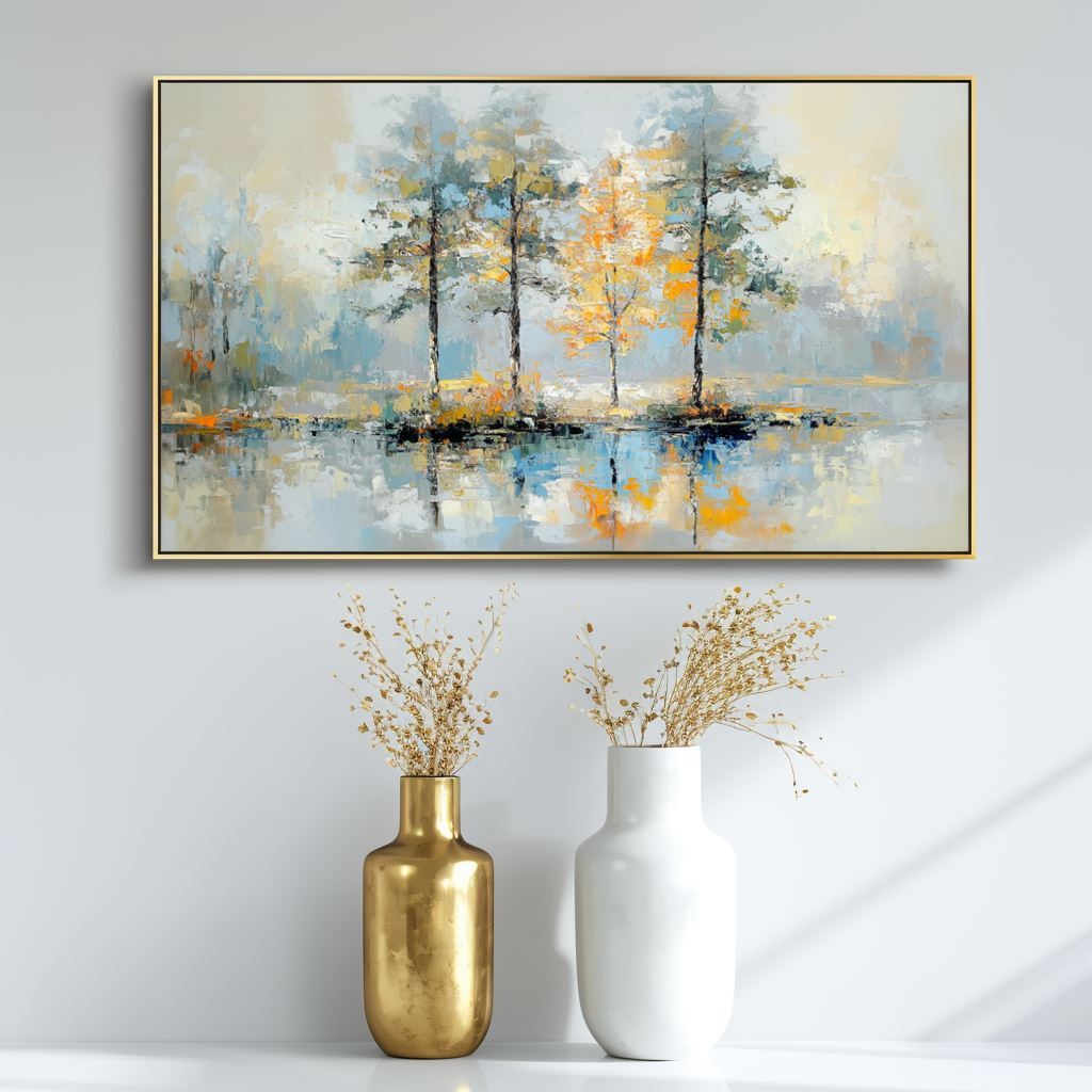 Golden Reflection-Impasto Tree Reflection Oil Painting, Horizontal Framed Wall Art with Neutral Tones & Autumn Hues, Serene Forest Landscape for Living Room & Bedroom Decor