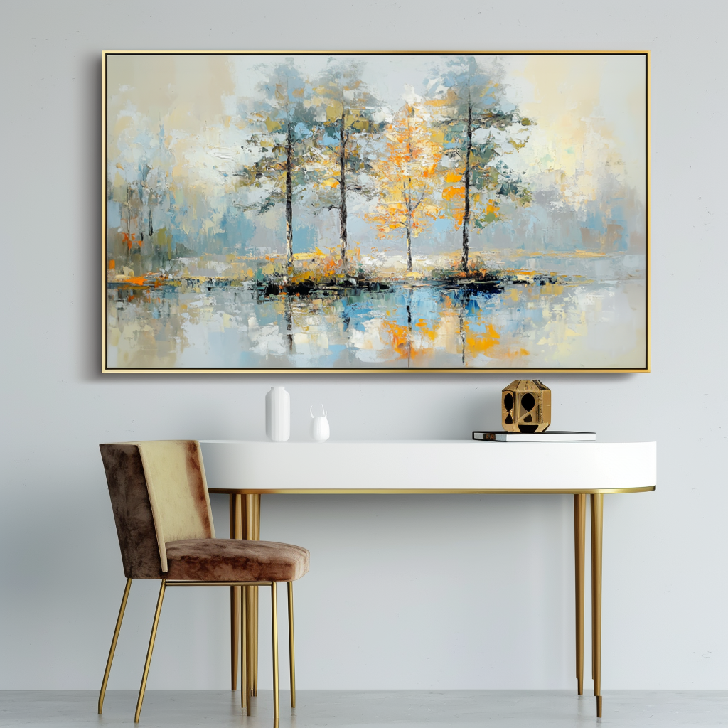 Golden Reflection-Impasto Tree Reflection Oil Painting, Horizontal Framed Wall Art with Neutral Tones & Autumn Hues, Serene Forest Landscape for Living Room & Bedroom Decor