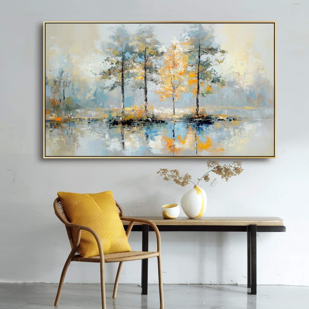 Golden Reflection-Impasto Tree Reflection Oil Painting, Horizontal Framed Wall Art with Neutral Tones & Autumn Hues, Serene Forest Landscape for Living Room & Bedroom Decor
