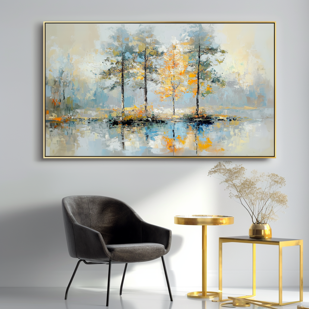 Golden Reflection-Impasto Tree Reflection Oil Painting, Horizontal Framed Wall Art with Neutral Tones & Autumn Hues, Serene Forest Landscape for Living Room & Bedroom Decor