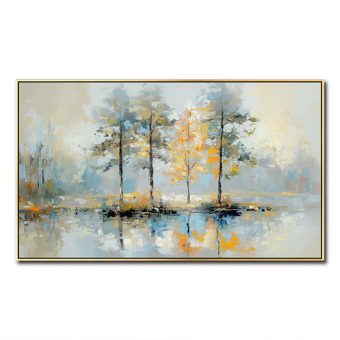 Golden Reflection-Impasto Tree Reflection Oil Painting, Horizontal Framed Wall Art with Neutral Tones & Autumn Hues, Serene Forest Landscape for Living Room & Bedroom Decor