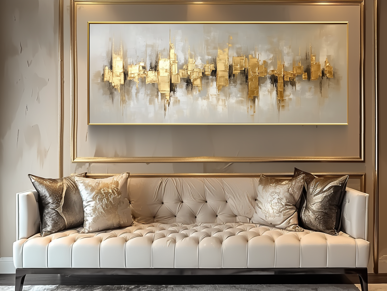 Golden Reverberation: Gold Textured Abstract Cityscape Oil Painting - Luxury Modern Wall Art, Statement Decor for Living Room Interiors
