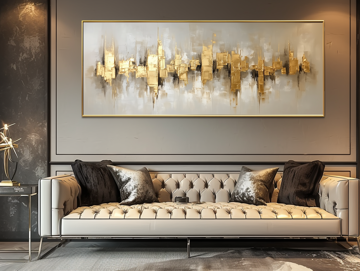 Golden Reverberation: Gold Textured Abstract Cityscape Oil Painting - Luxury Modern Wall Art, Statement Decor for Living Room Interiors