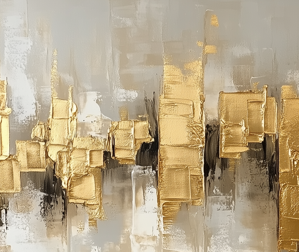 Golden Reverberation: Gold Textured Abstract Cityscape Oil Painting - Luxury Modern Wall Art, Statement Decor for Living Room Interiors