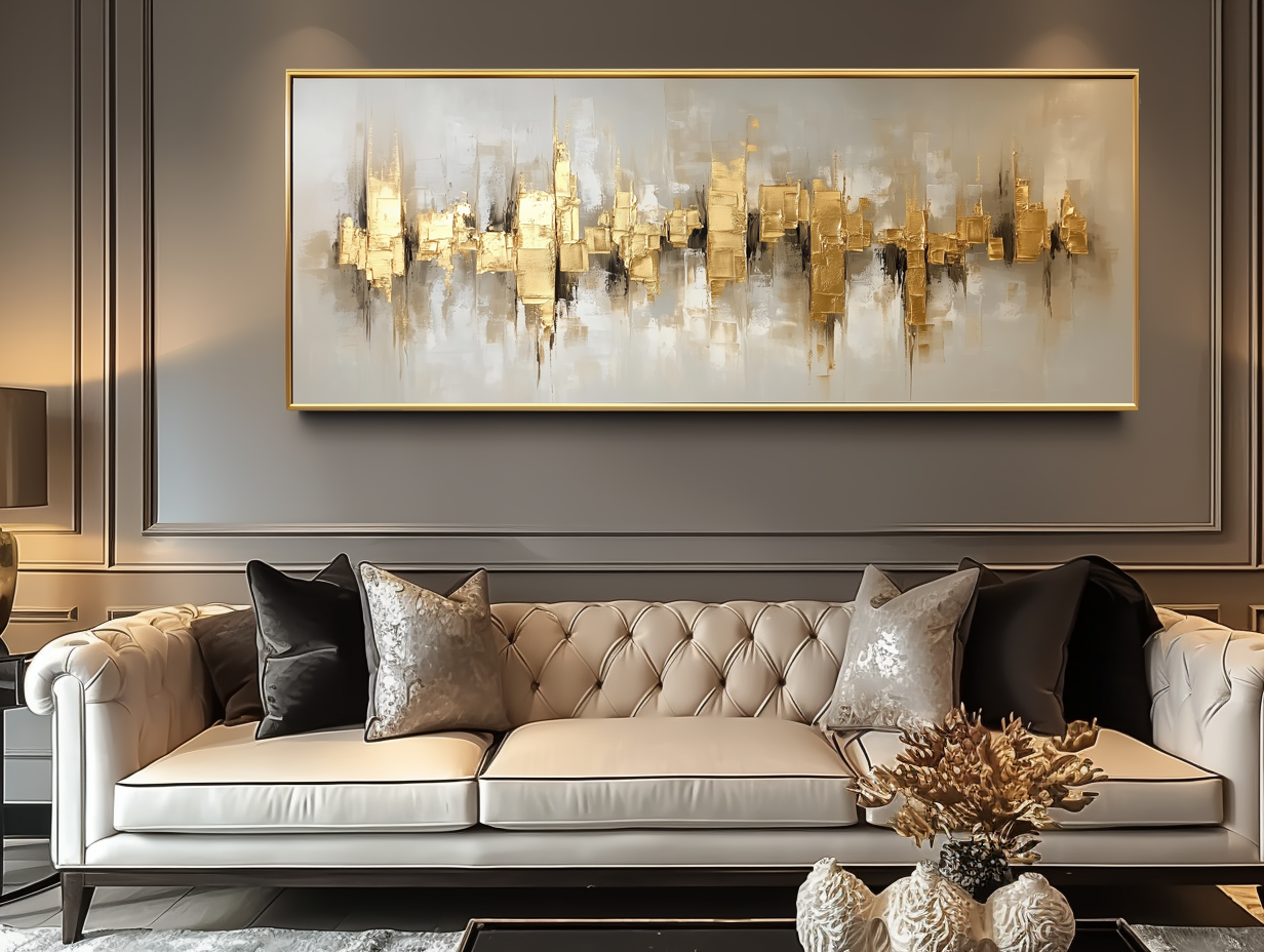 Golden Reverberation: Gold Textured Abstract Cityscape Oil Painting - Luxury Modern Wall Art, Statement Decor for Living Room Interiors