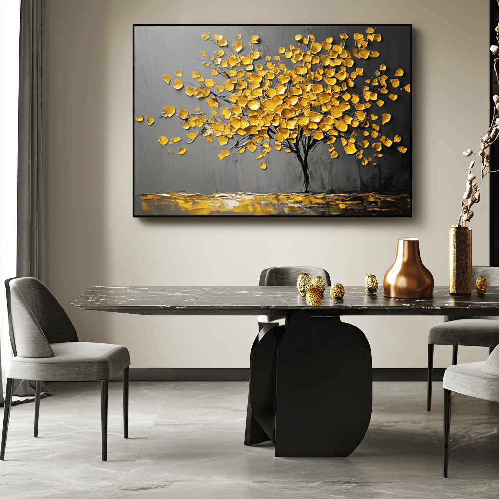 Golden Serenity - Plaster Art Texture Painting Abstract Floral Canvas Oil Painting