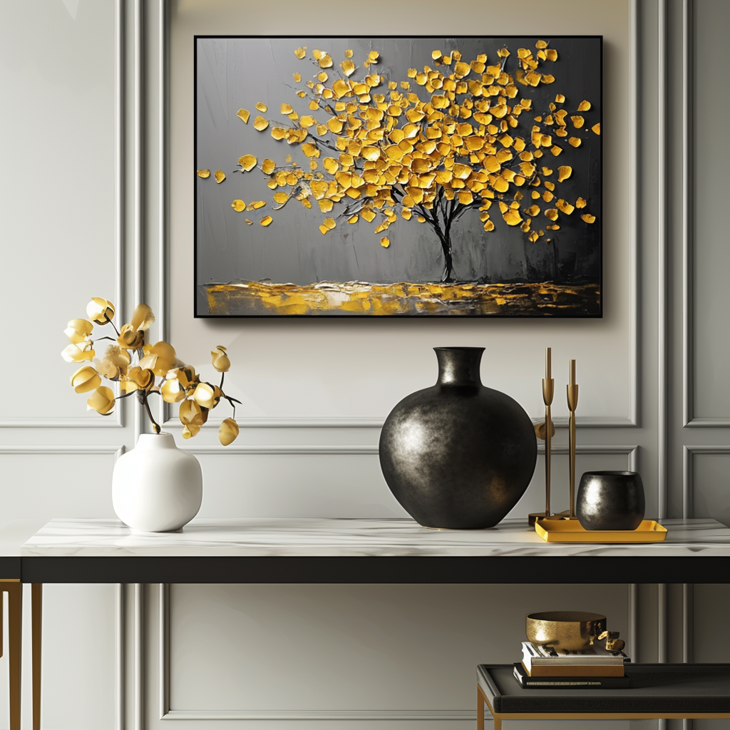 Golden Serenity - Plaster Art Texture Painting Abstract Floral Canvas Oil Painting