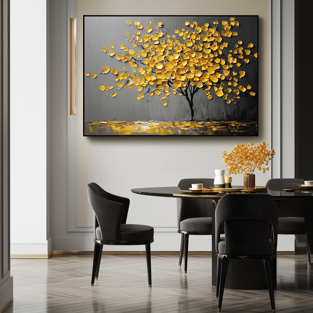 Golden Serenity - Plaster Art Texture Painting Abstract Floral Canvas Oil Painting