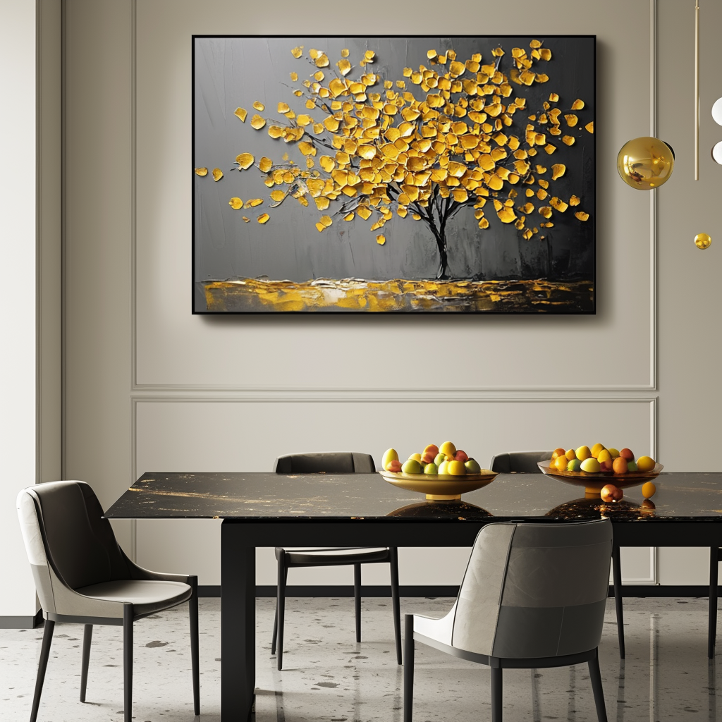 Golden Serenity - Plaster Art Texture Painting Abstract Floral Canvas Oil Painting