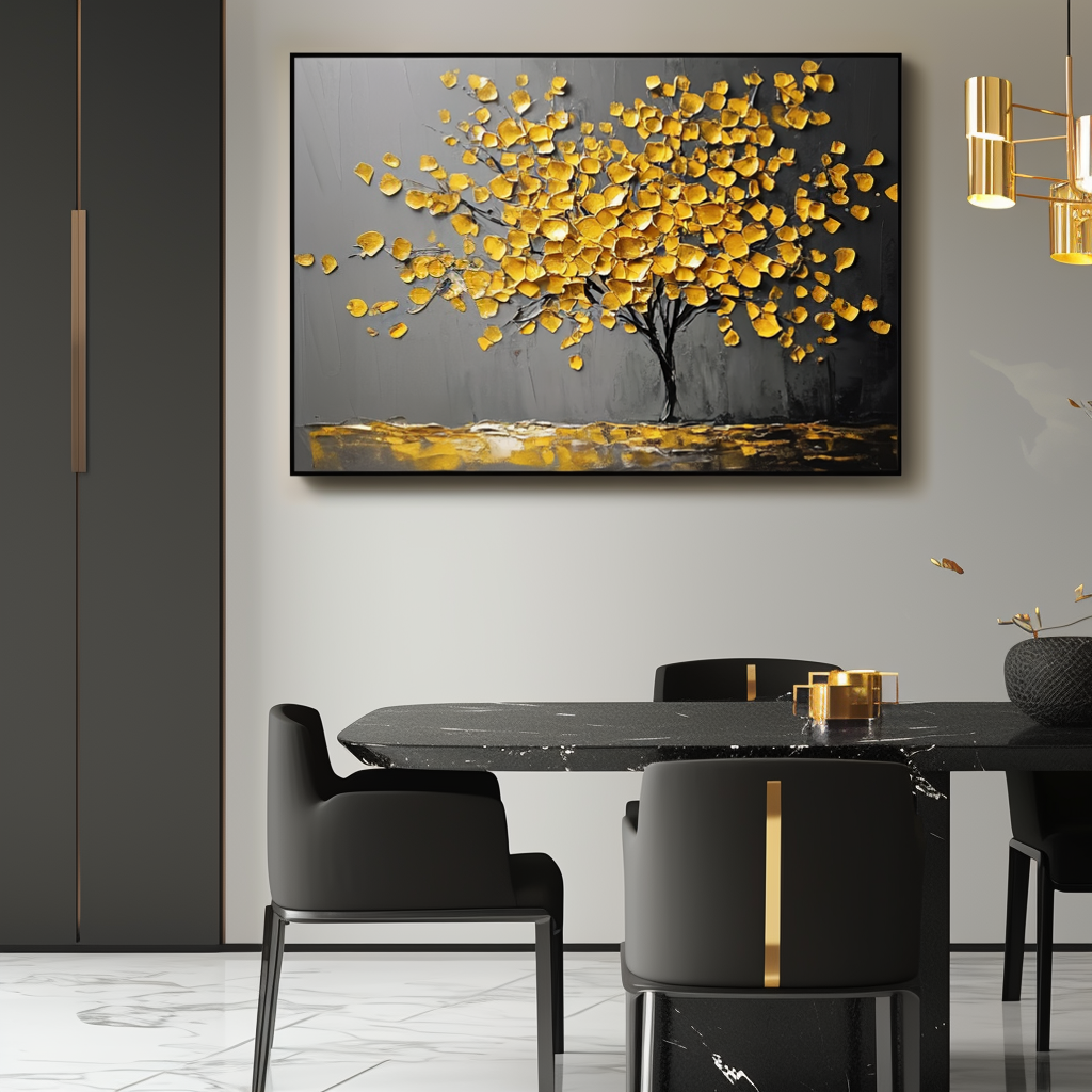 Golden Serenity - Plaster Art Texture Painting Abstract Floral Canvas Oil Painting