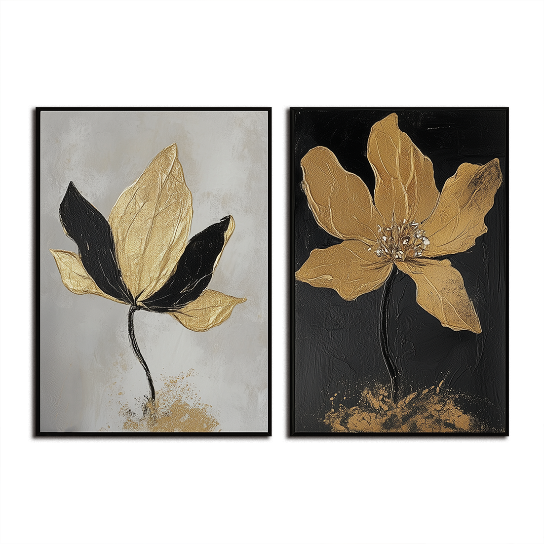 Golden Whispers-Set of 2 Gold Flower Paintings - Luxury Gold and Black Abstract Wall Art for Home Decoration