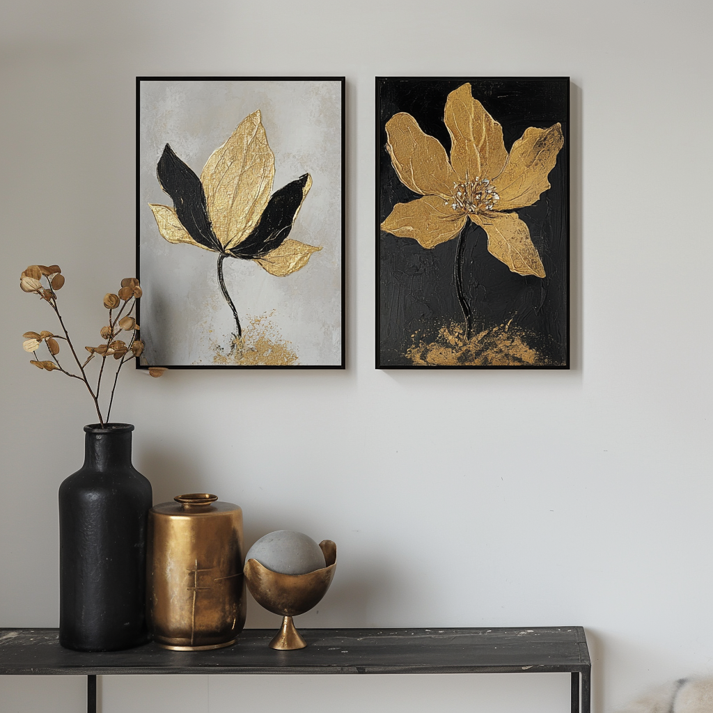 Golden Whispers-Set of 2 Gold Flower Paintings - Luxury Gold and Black Abstract Wall Art for Home Decoration