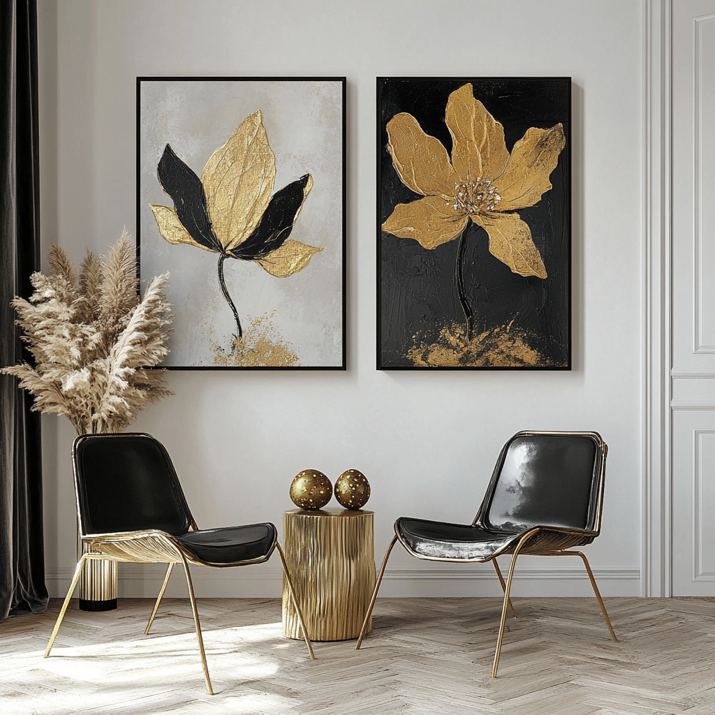 Golden Whispers-Set of 2 Gold Flower Paintings - Luxury Gold and Black Abstract Wall Art for Home Decoration