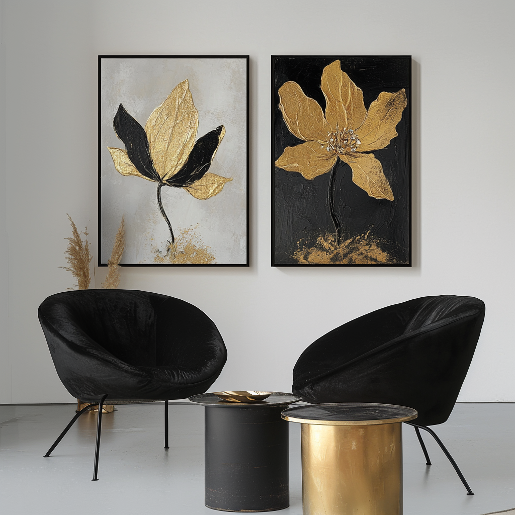 Golden Whispers-Set of 2 Gold Flower Paintings - Luxury Gold and Black Abstract Wall Art for Home Decoration