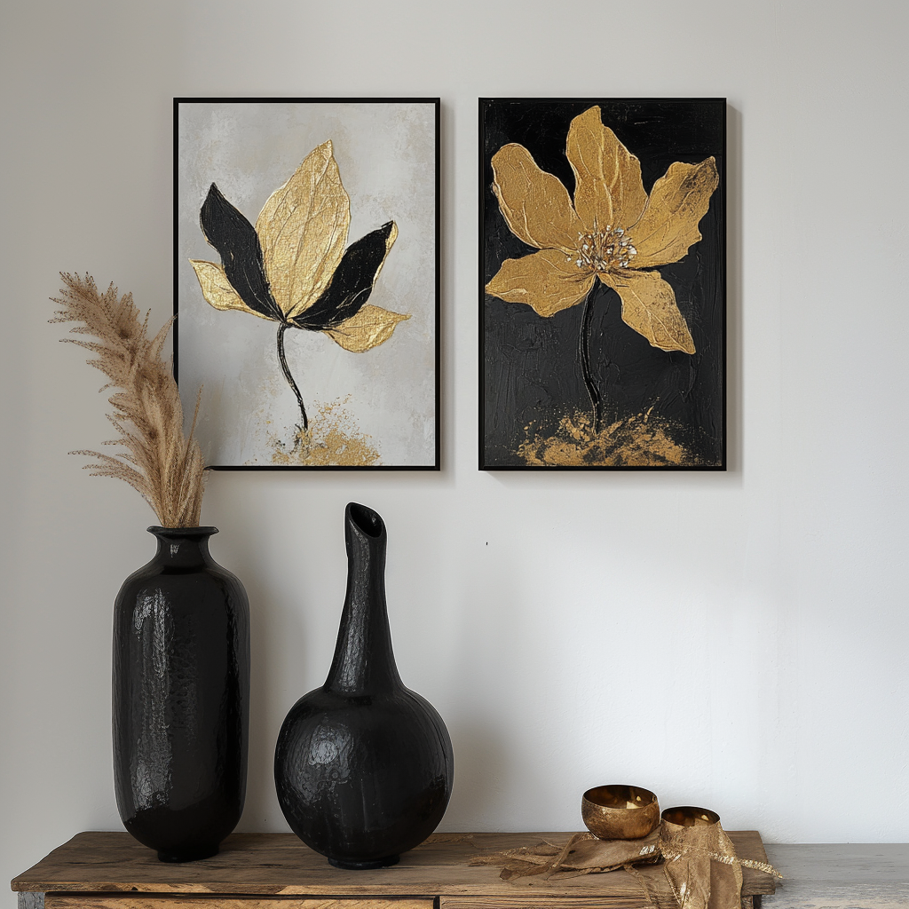 Golden Whispers-Set of 2 Gold Flower Paintings - Luxury Gold and Black Abstract Wall Art for Home Decoration