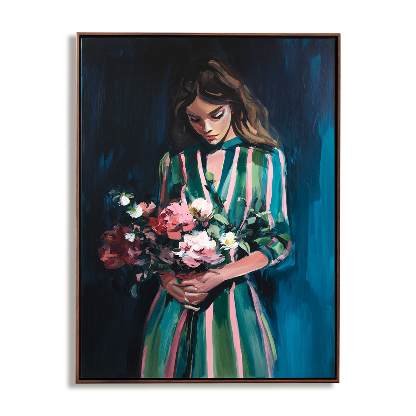 Grace in Bloom – Figurative Oil Painting of Woman Holding Flowers