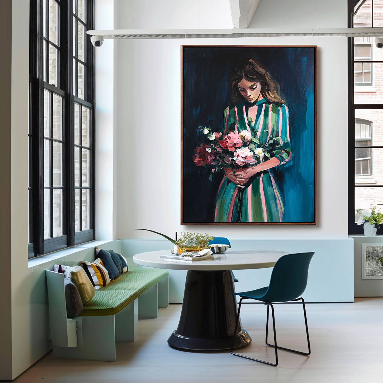 Grace in Bloom – Figurative Oil Painting of Woman Holding Flowers