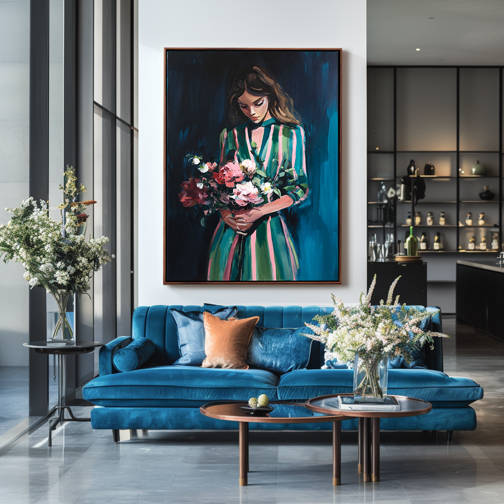 Grace in Bloom – Figurative Oil Painting of Woman Holding Flowers