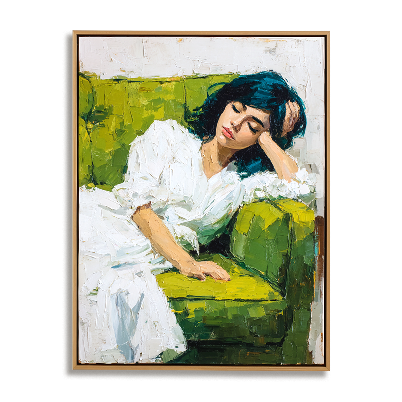 Green Rest – Textured Figurative Oil Painting of Woman on Sofa