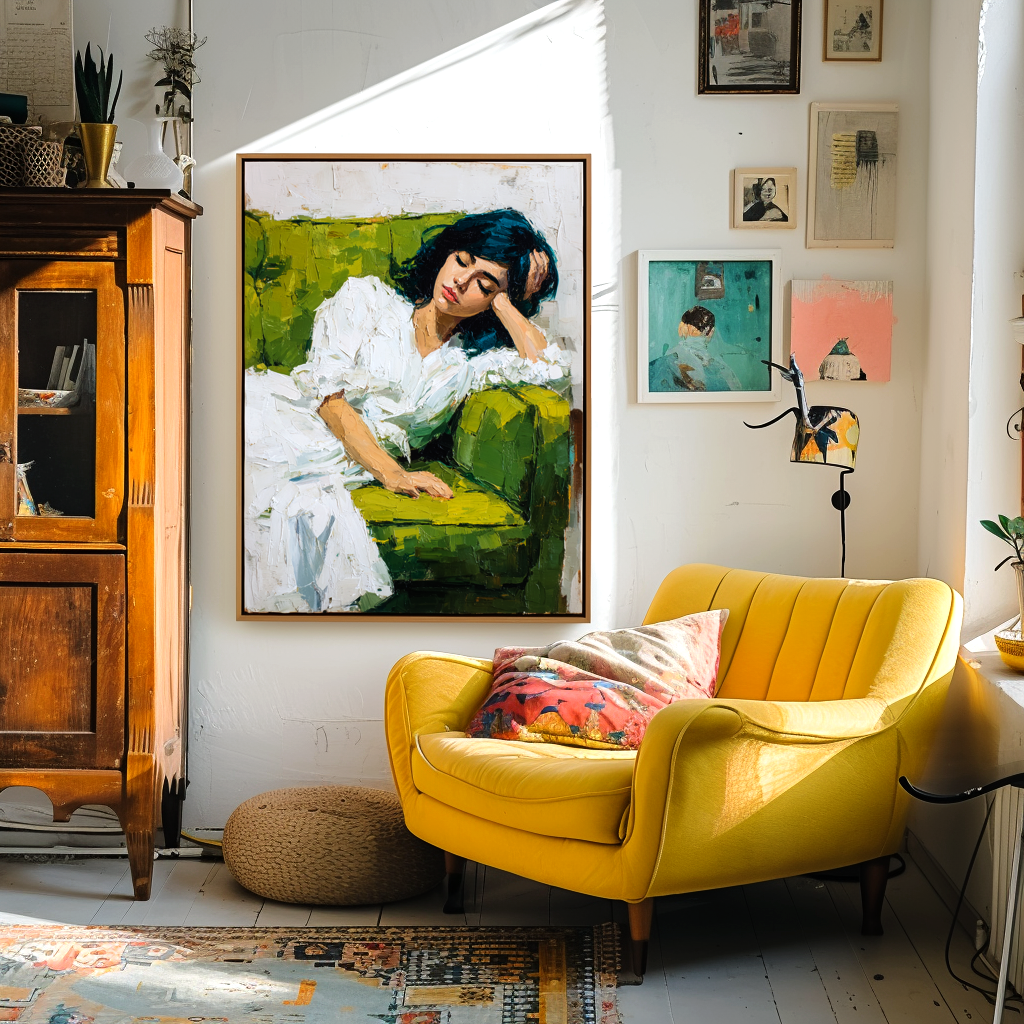 Green Rest – Textured Figurative Oil Painting of Woman on Sofa
