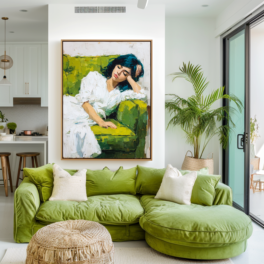 Green Rest – Textured Figurative Oil Painting of Woman on Sofa