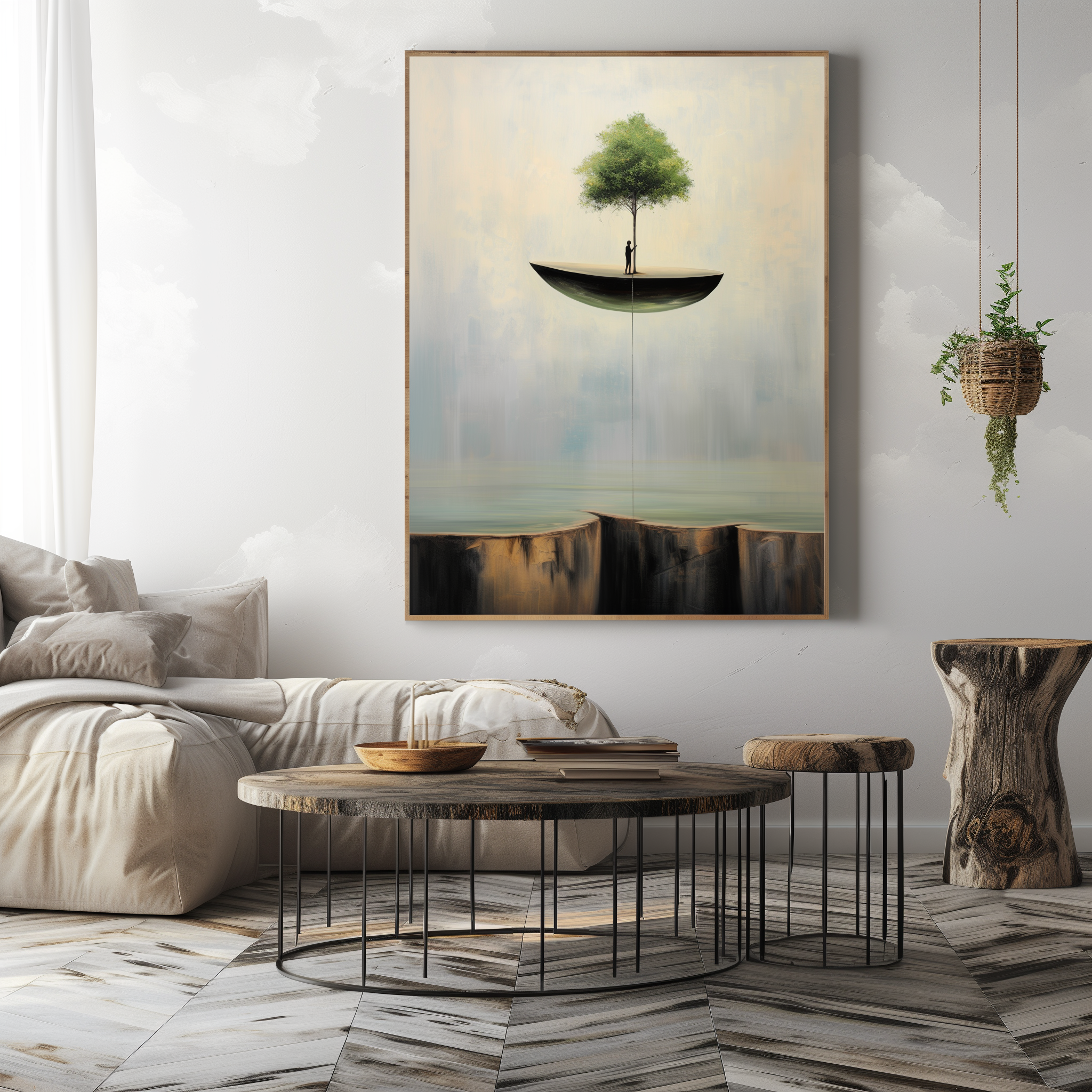 Hope Suspended – Surreal Floating Tree Painting Abstract Cliff Wall Art