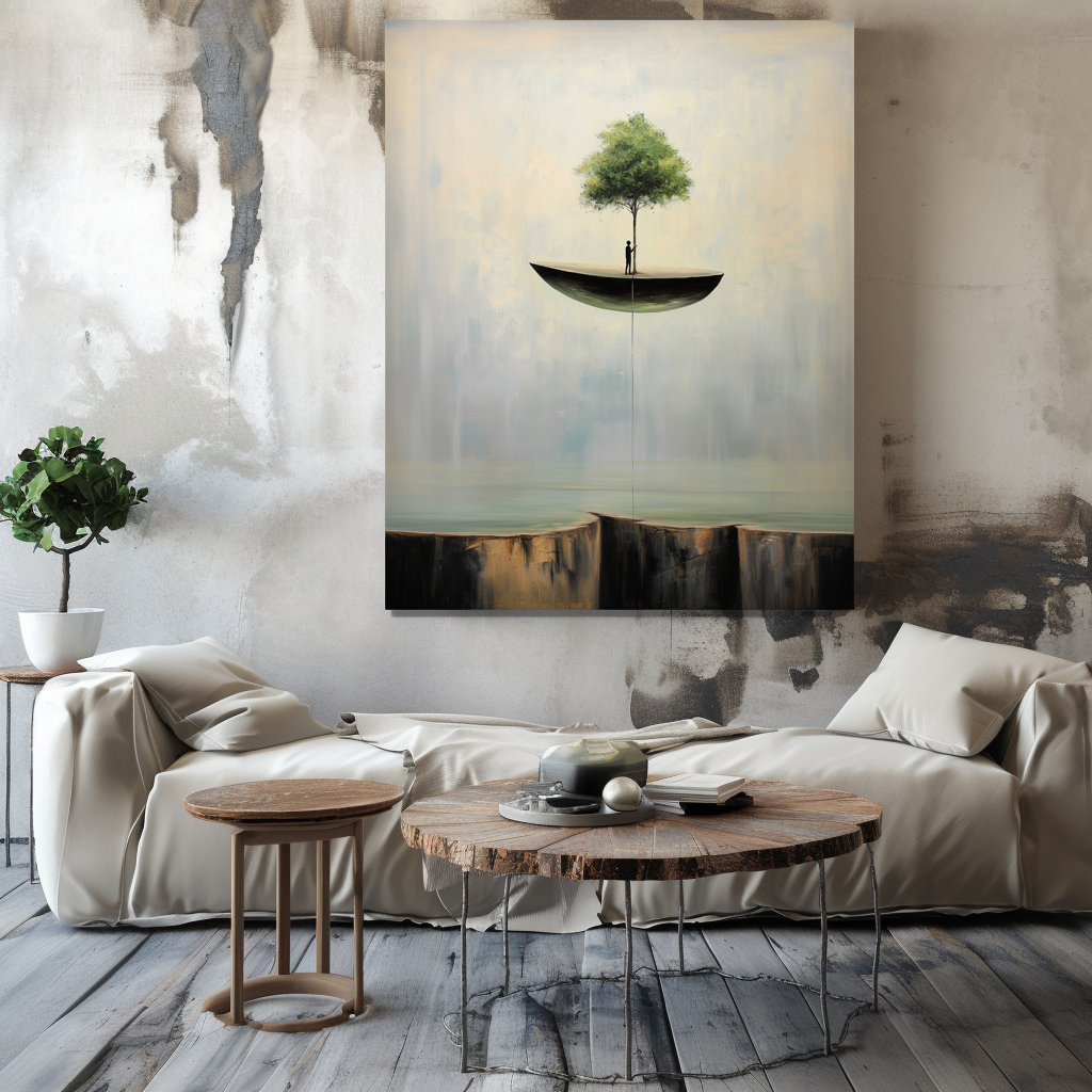 Hope Suspended – Surreal Floating Tree Painting Abstract Cliff Wall Art