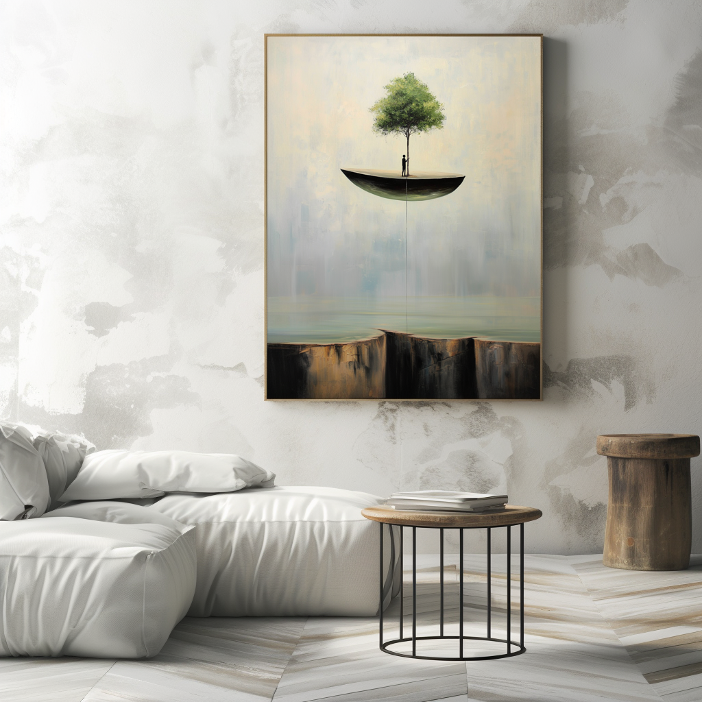 Hope Suspended – Surreal Floating Tree Painting Abstract Cliff Wall Art