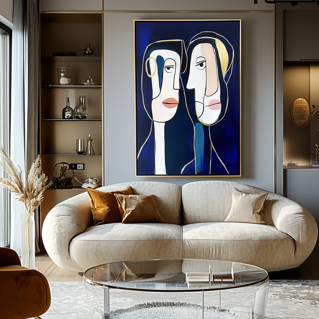 Intertwined Minds-Abstract Figurative Line - Art Wall Decor: Modern Gold - Accented Portrait Painting for Contemporary Interiors