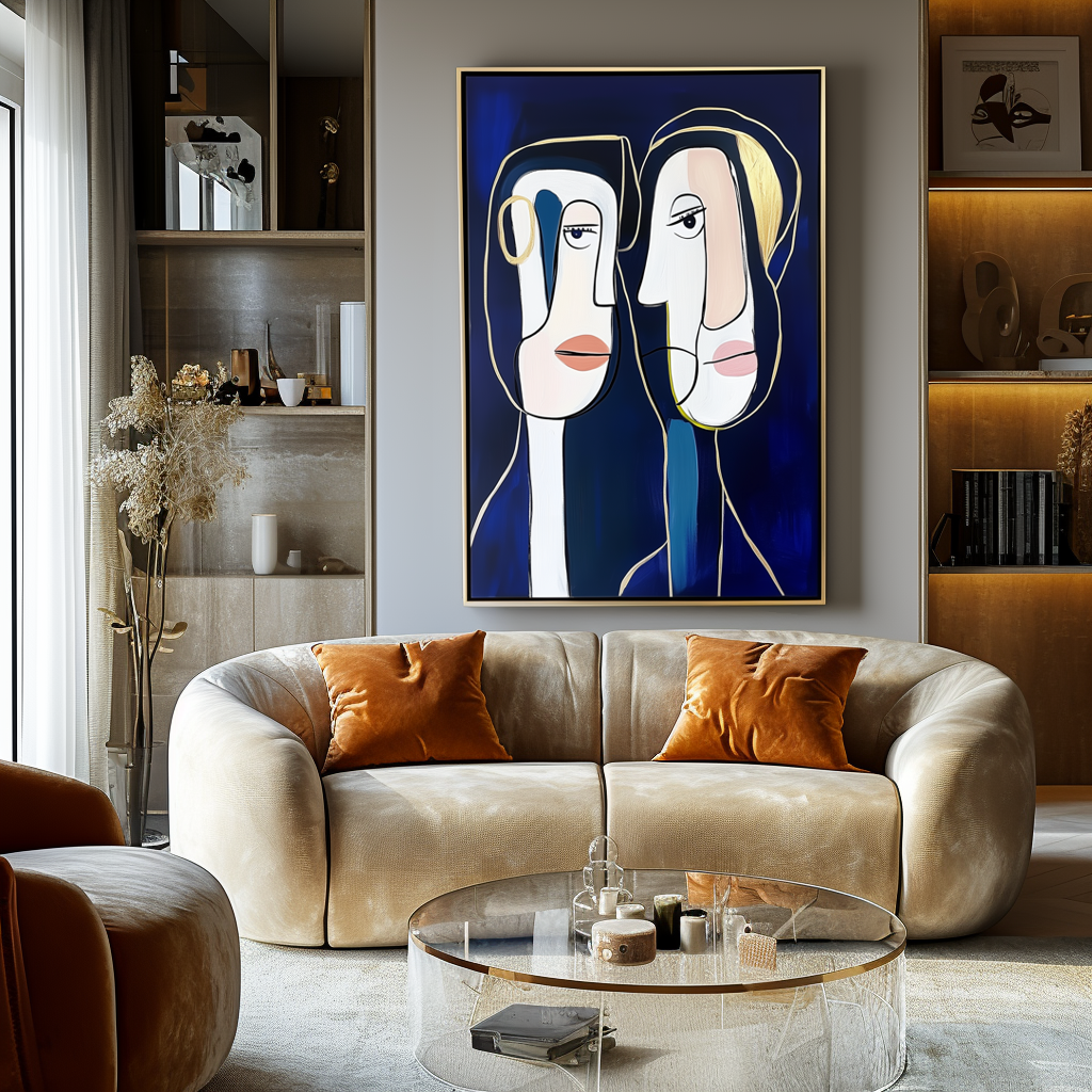 Intertwined Minds-Abstract Figurative Line - Art Wall Decor: Modern Gold - Accented Portrait Painting for Contemporary Interiors