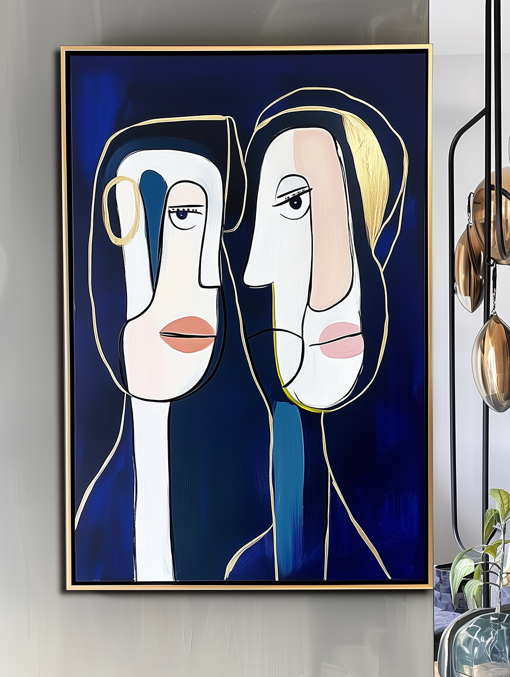 Intertwined Minds-Abstract Figurative Line - Art Wall Decor: Modern Gold - Accented Portrait Painting for Contemporary Interiors