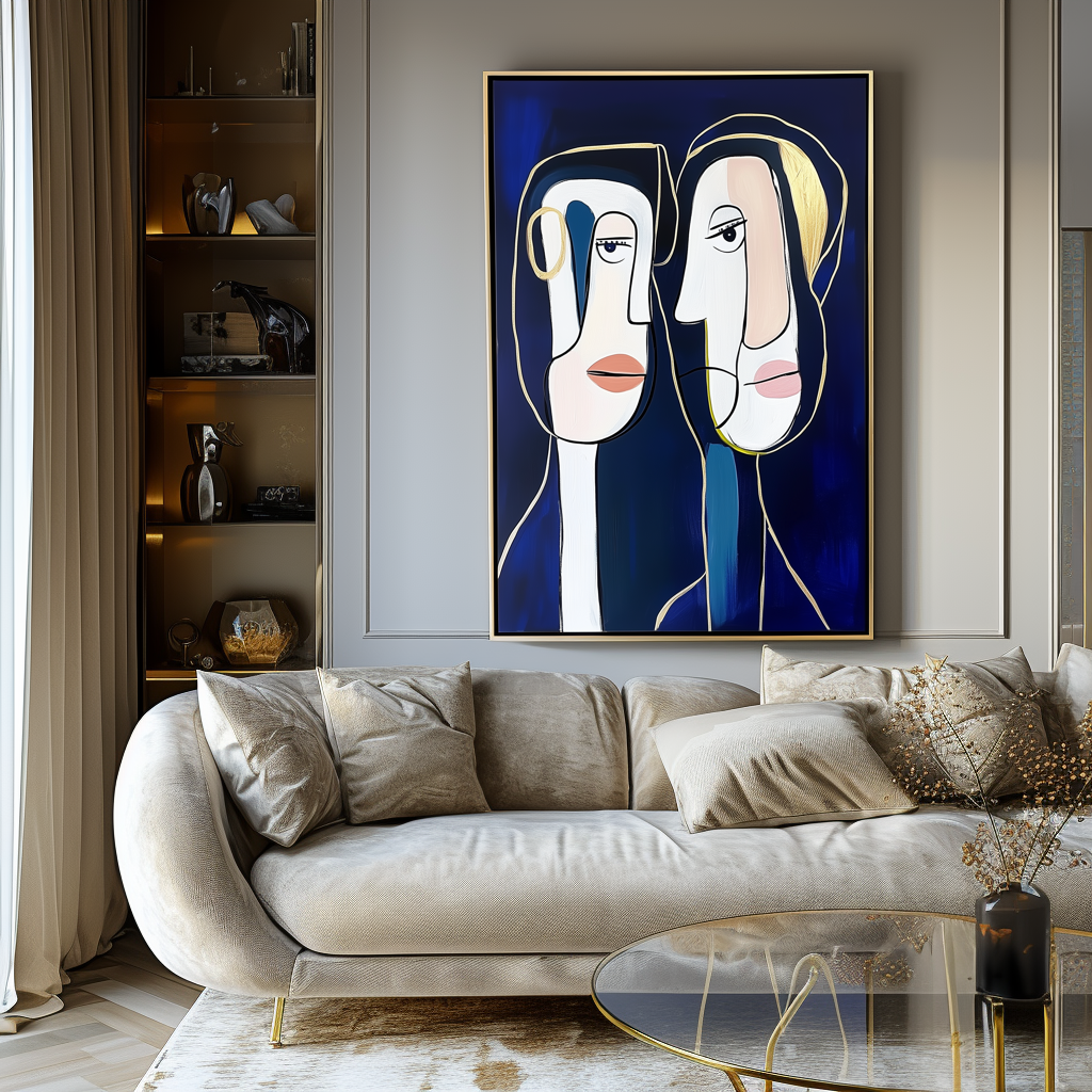 Intertwined Minds-Abstract Figurative Line - Art Wall Decor: Modern Gold - Accented Portrait Painting for Contemporary Interiors