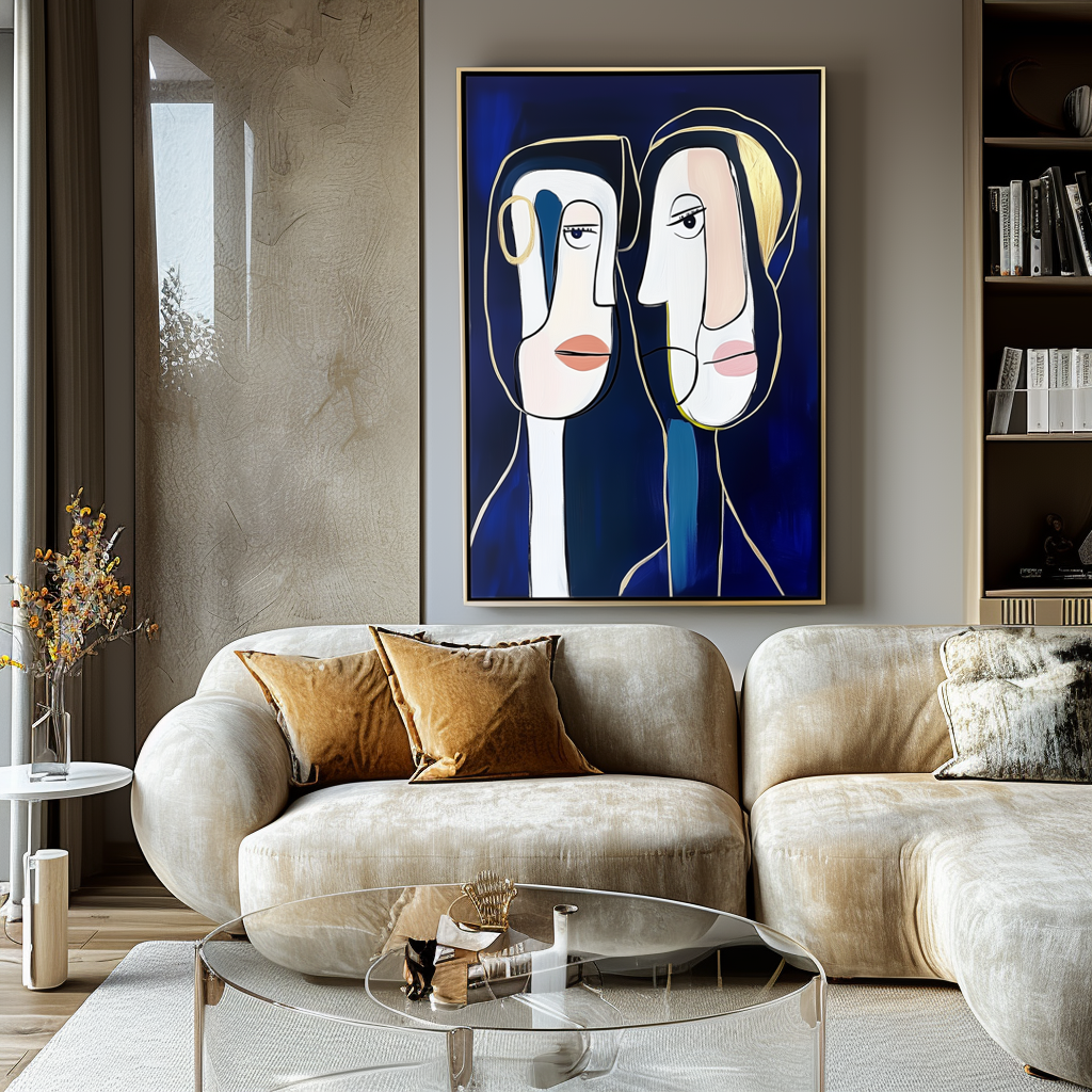Intertwined Minds-Abstract Figurative Line - Art Wall Decor: Modern Gold - Accented Portrait Painting for Contemporary Interiors