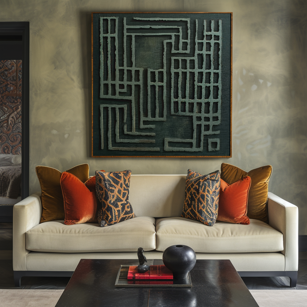 Labyrinth of Serenity-3D Textured Abstract Wall Art, Deep Green Geometric Lines Minimalist Home Decor