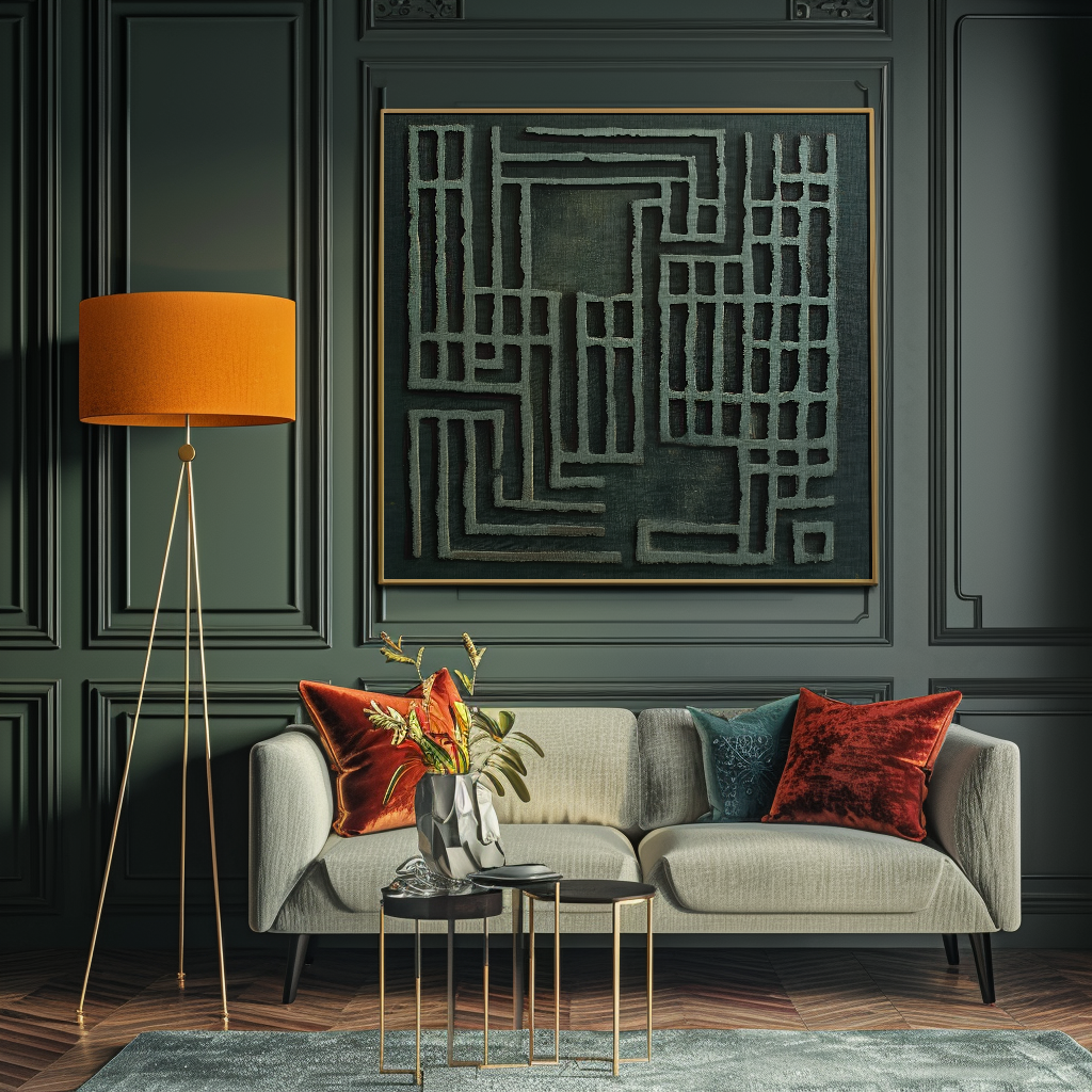 Labyrinth of Serenity-3D Textured Abstract Wall Art, Deep Green Geometric Lines Minimalist Home Decor