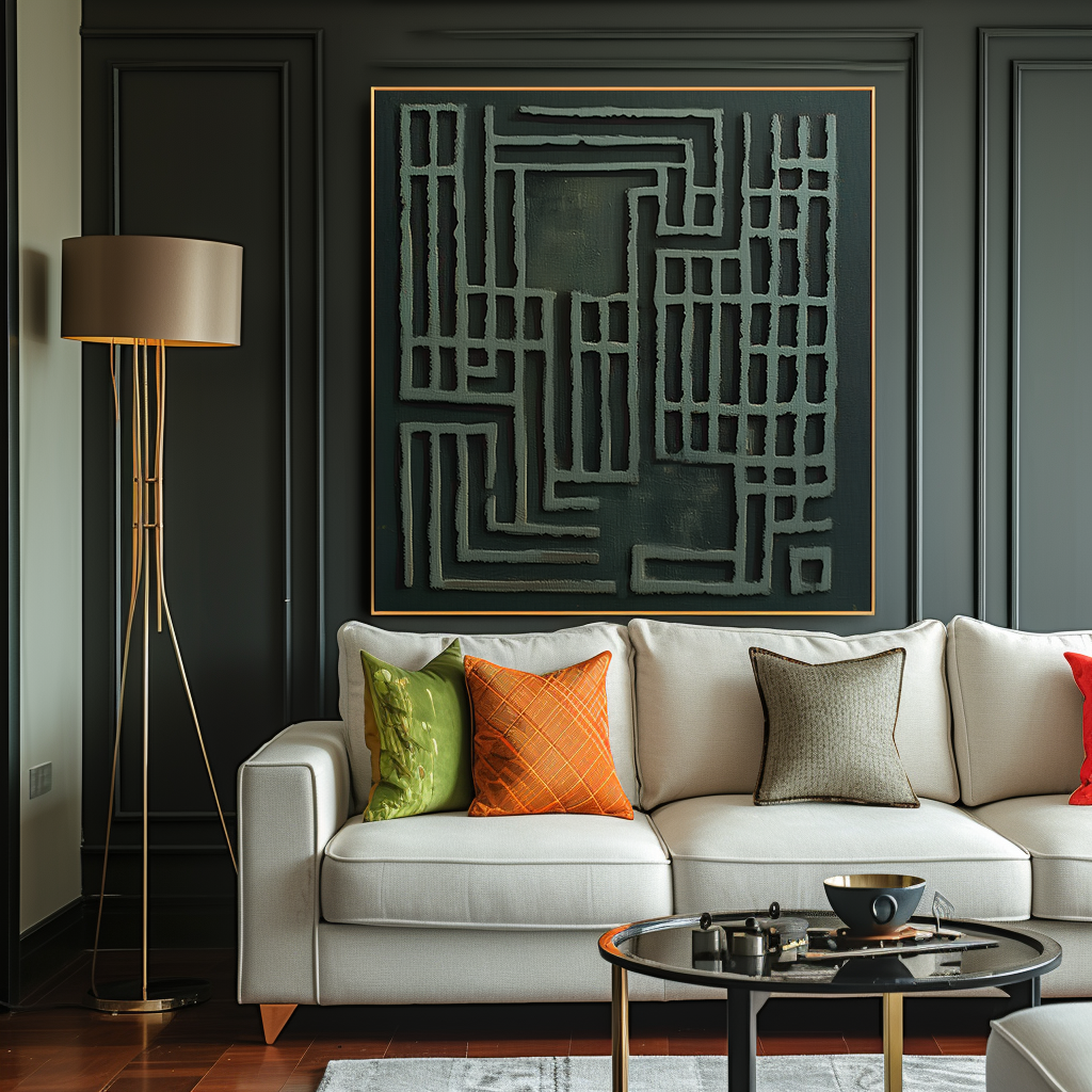 Labyrinth of Serenity-3D Textured Abstract Wall Art, Deep Green Geometric Lines Minimalist Home Decor