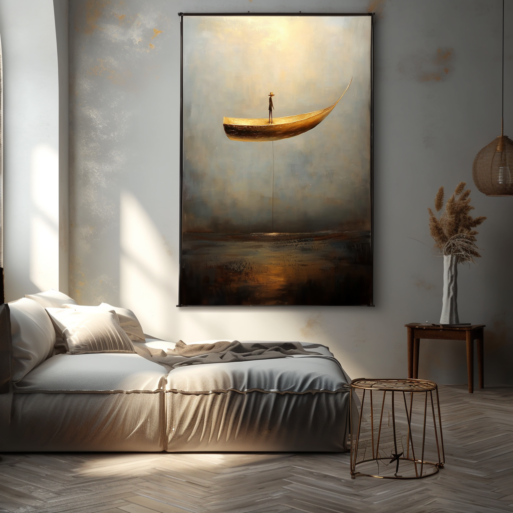 Landing Light – Surreal Floating Boat Painting Conceptual Minimalist Wall Art