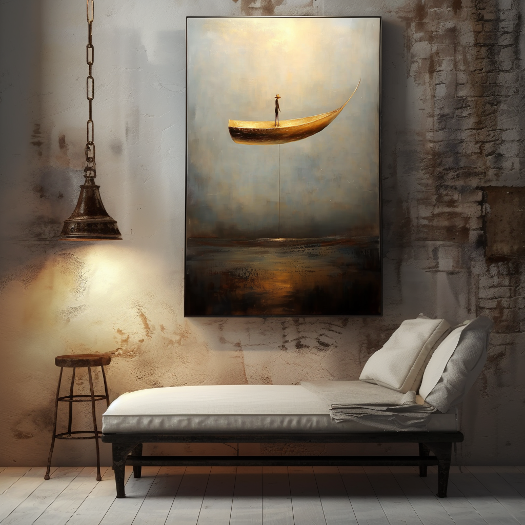 Landing Light – Surreal Floating Boat Painting Conceptual Minimalist Wall Art