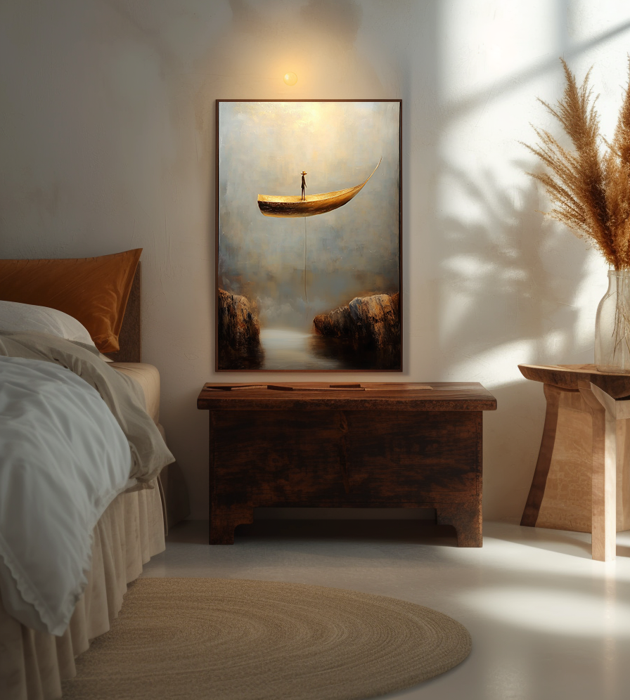 Lone Voyager – Surreal Boat Painting Floating Man in Canyon Wall Art