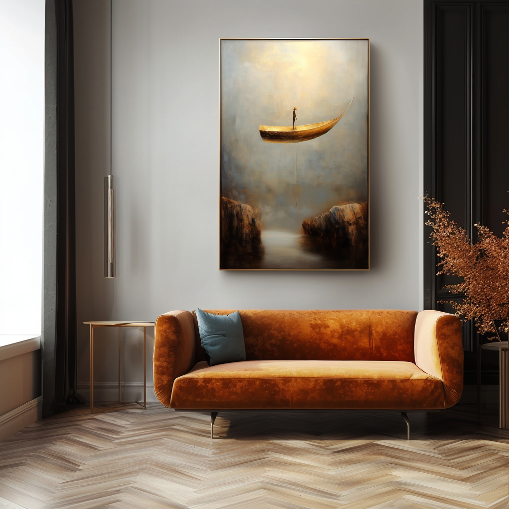 Lone Voyager – Surreal Boat Painting Floating Man in Canyon Wall Art