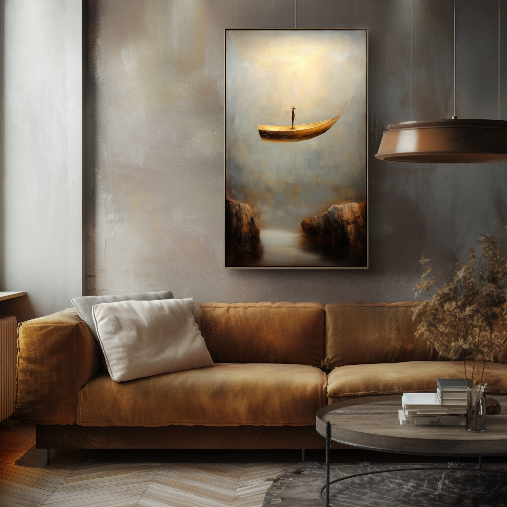 Lone Voyager – Surreal Boat Painting Floating Man in Canyon Wall Art