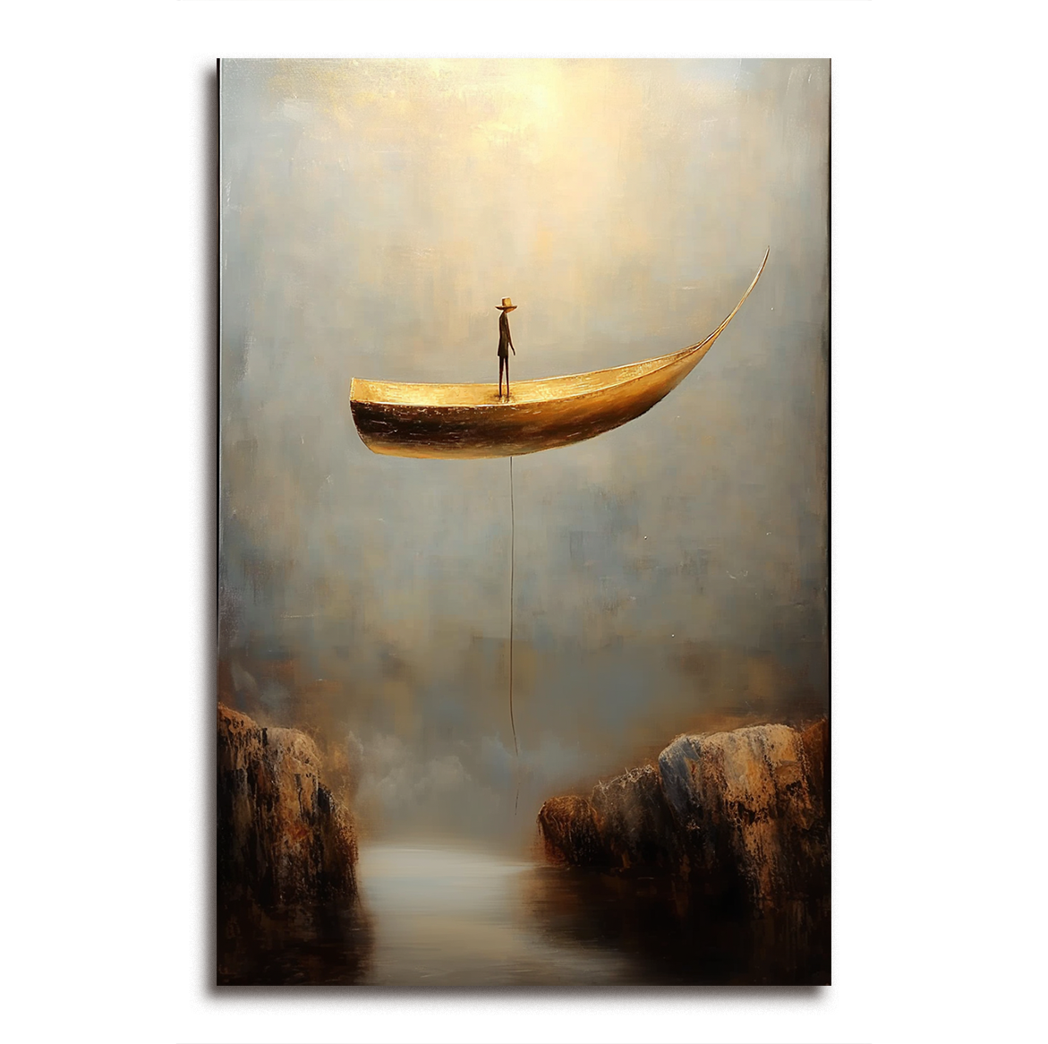 Lone Voyager – Surreal Boat Painting Floating Man in Canyon Wall Art