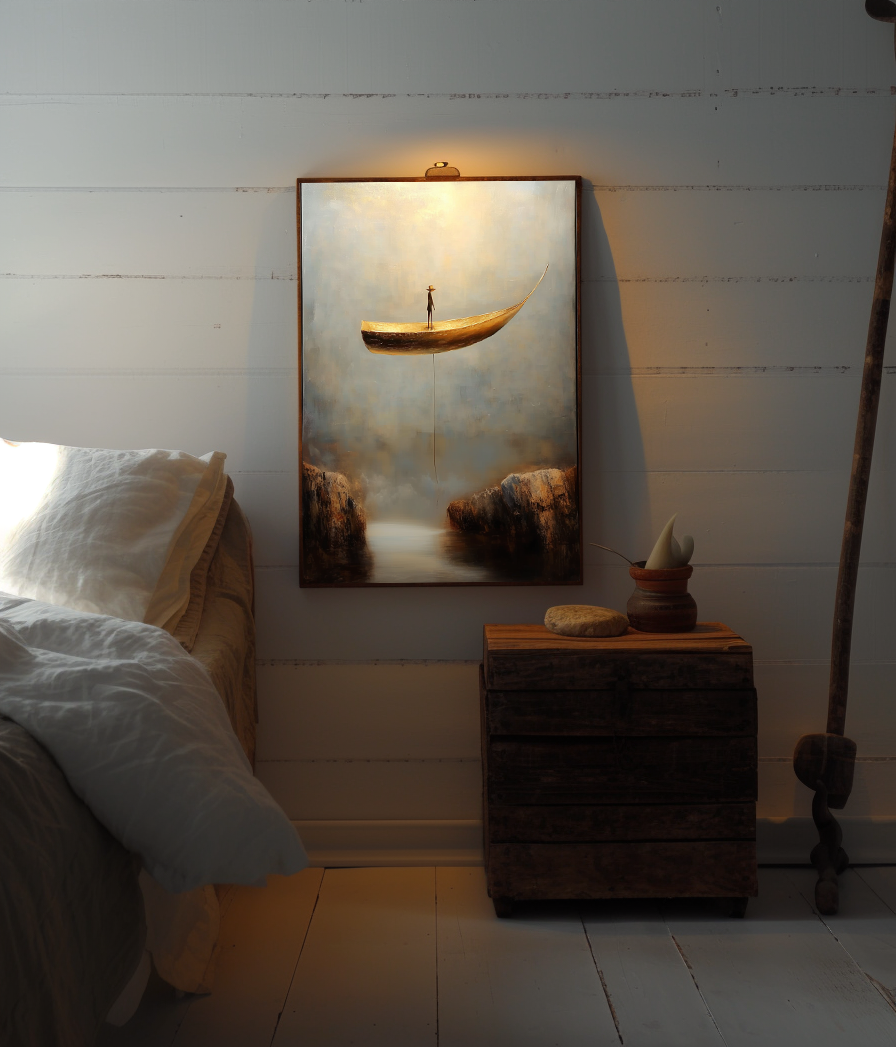 Lone Voyager – Surreal Boat Painting Floating Man in Canyon Wall Art