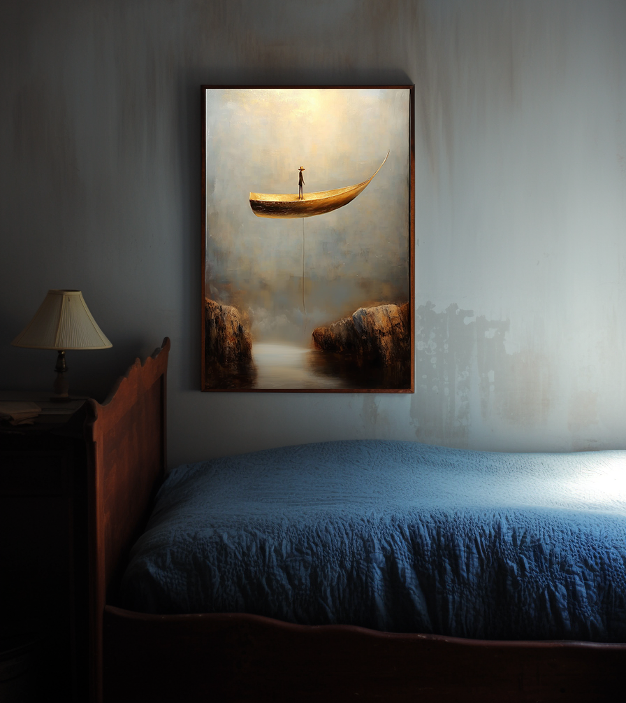 Lone Voyager – Surreal Boat Painting Floating Man in Canyon Wall Art