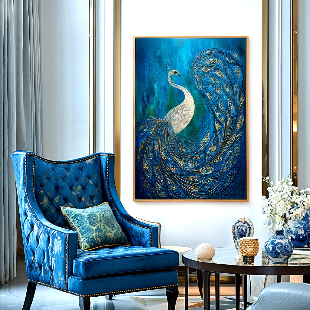 Luminous Tail - Textured Blue and Gold Peacock Oil Painting