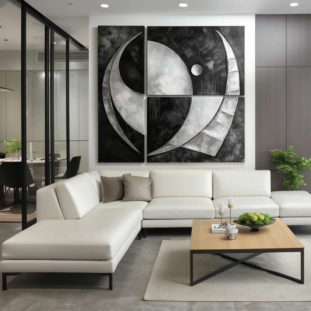 Lunar Drift-Black and White Abstract Geometric Oil Painting, 3 - Panel Modern Wall Art for Home Decoration